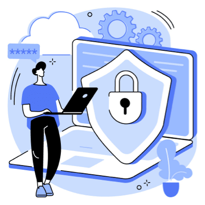illustration of student using a laptop with a lock and shield in the background