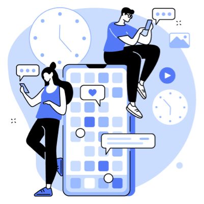 illustration of two students on their devices leaning and sitting on a large smartphone showing notifications